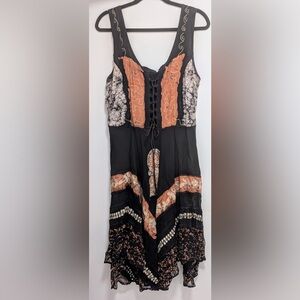 90s Bohemian Black and Orange Dress